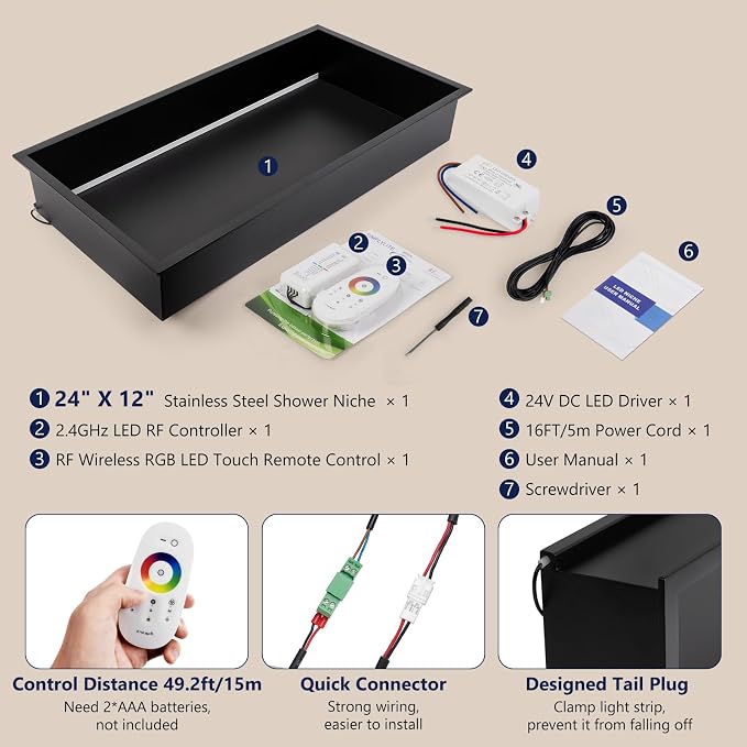 24" X 12" RGB LED Shower Niche No Tile Needed, 304 Stainless Steel Shower Niche - Image 8