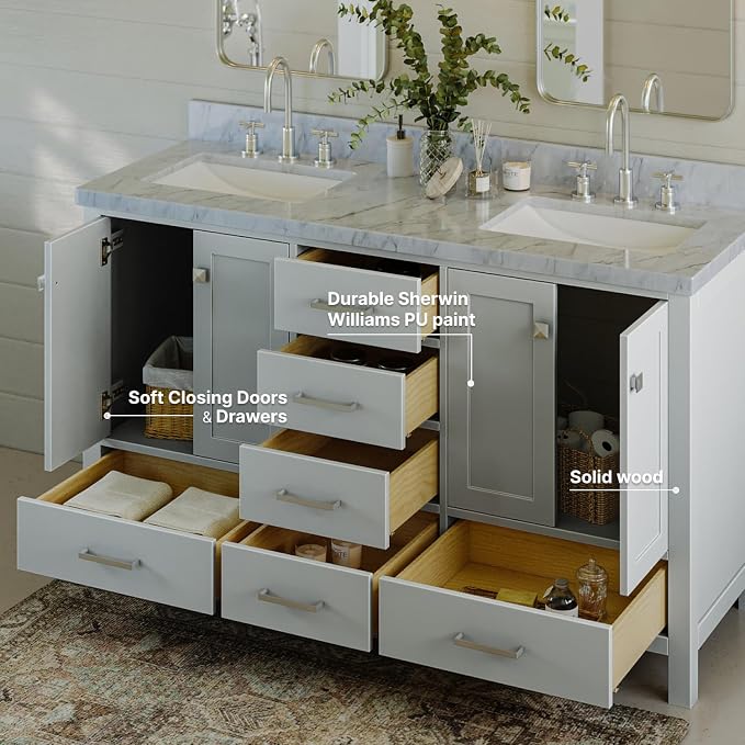 ARIEL Cambridge 61 Inch Grey Bathroom Vanity Double Sink, Solid Wood, Carrara - Image 8