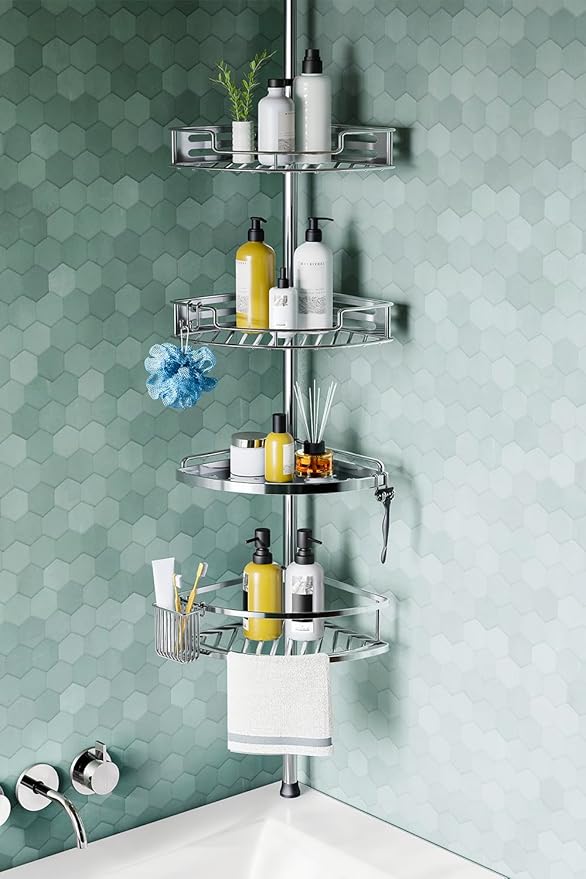 HAMITOR Corner Shower Caddy Tension Pole: Quick Installation 4-Tier Rustproof by HAMITOR