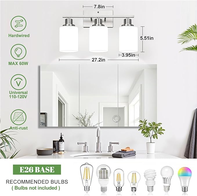 3-Light Bathroom Light Fixtures, Brushed Nickel Vanity Light - Image 7