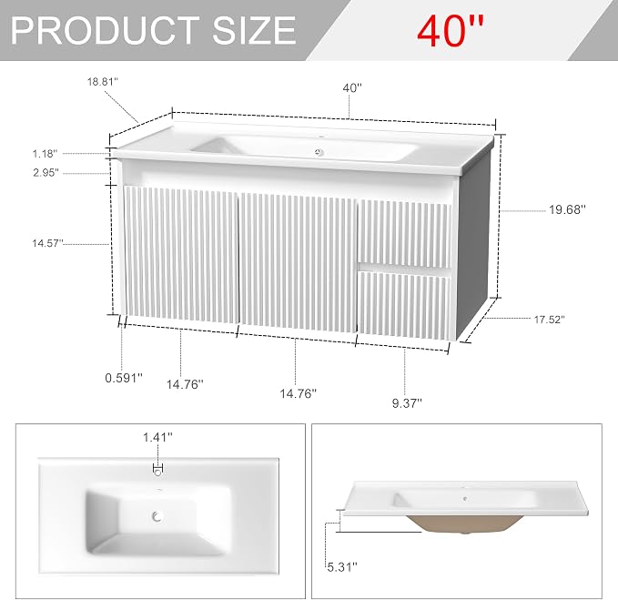 Floating Bathroom Vanity with Sink, 40 Inch Wall Mounted Bathroom Vanity with 2 - Image 2