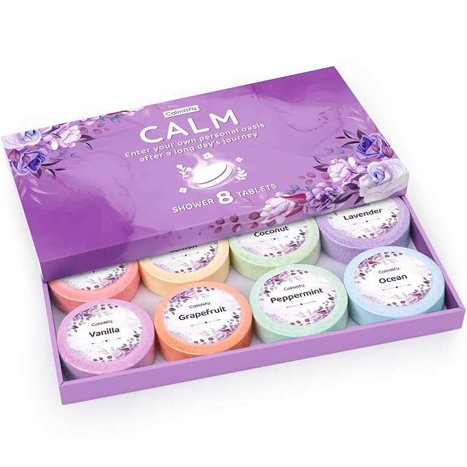 Shower Steamers 8 Pack Set Shower Bombs Tablets in Purple Box by CalmNFiz