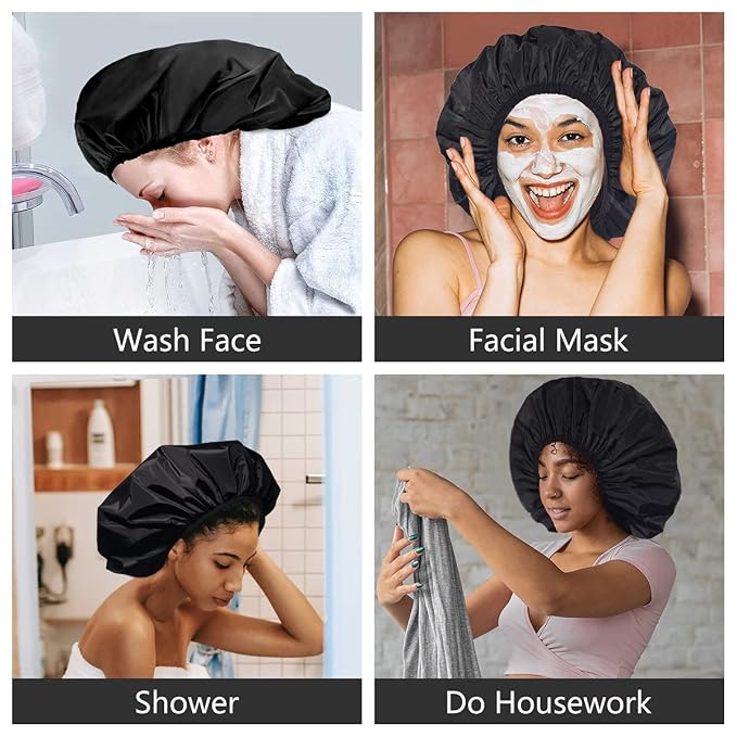 Auban Extra Large Shower Cap, Double-Layer Waterproof Reusable, XL Satin Lining - Image 8