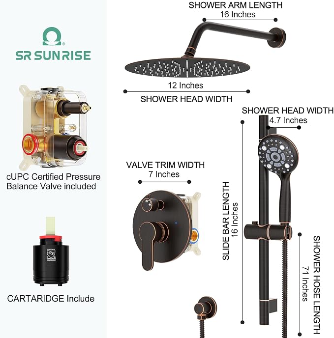 SR SUN RISE 12 Inch Oil Rubbed Bronze Shower System, Wall-Mount Adjustable - Image 6