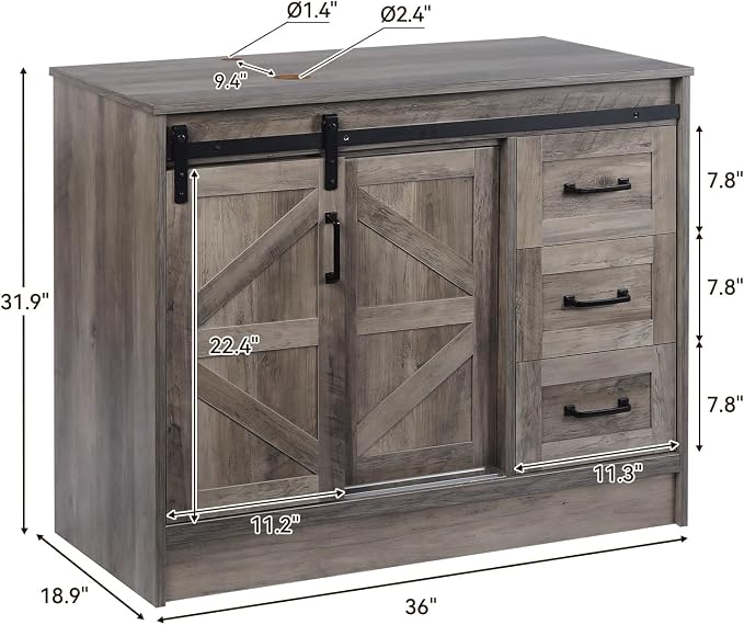 36 Inch Barn Door Bathroom Vanity, Farmhouse Style Standing Pedestal Cabinet - Image 2