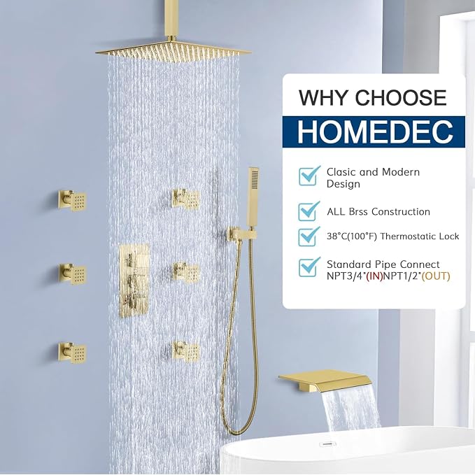 Brass 4 Ways Shower Diverter Valve Brushed Gold, HOMEDEC Thermostatic 4 Outlets - Image 7