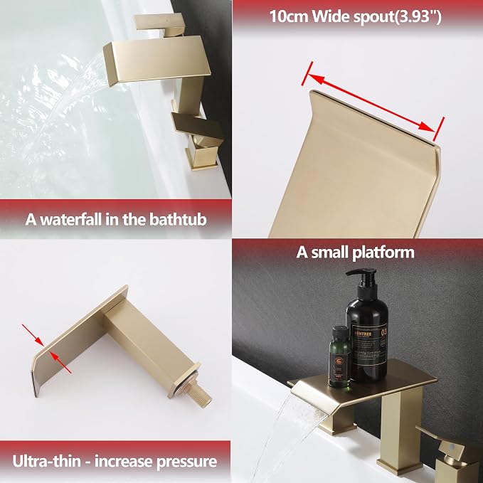 Roman Tub Faucet Two Handle Waterfall Spout Brushed Gold 3 Hole Bathtub Faucet - Image 7