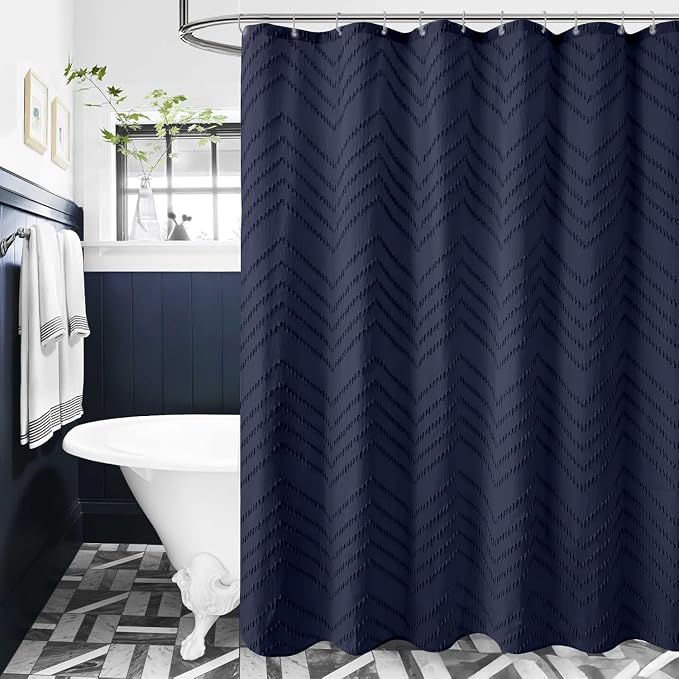 78 Inches Long Boho Tufted Chevron Striped Fabric Shower Curtain Navy Blue - Image 6