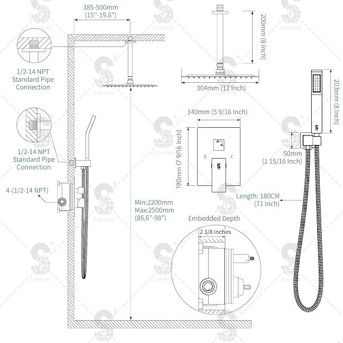 SR SUN RISE 12 Inch Ceiling Mounted Shower System Rain Mixer Shower Combo Set - Image 7