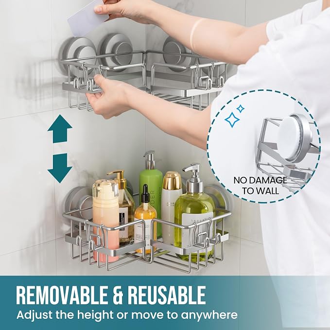 TAILI Corner-adaptive Suction Cup Shower Caddy 2 Pack, Stainless Steel - Image 7