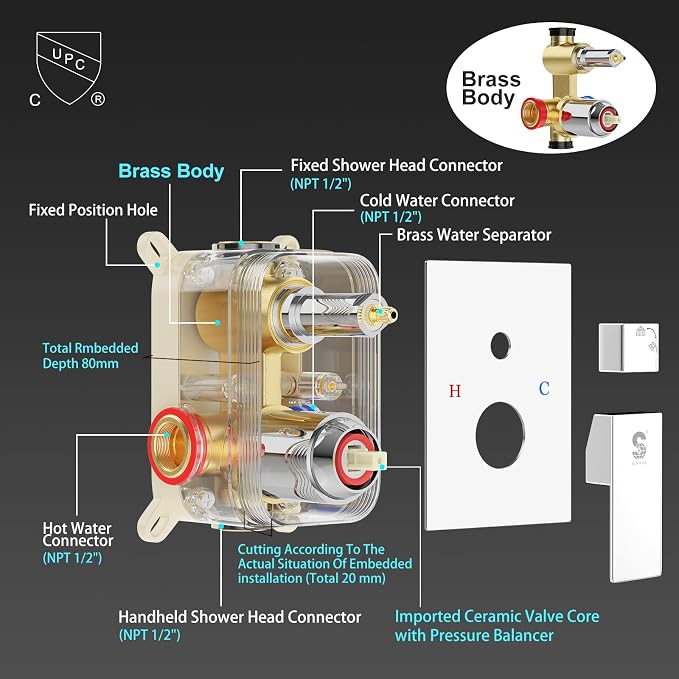 SR SUN RISE 12 Inch Slide Bar Shower System, Square Rain Shower Head and - Image 4