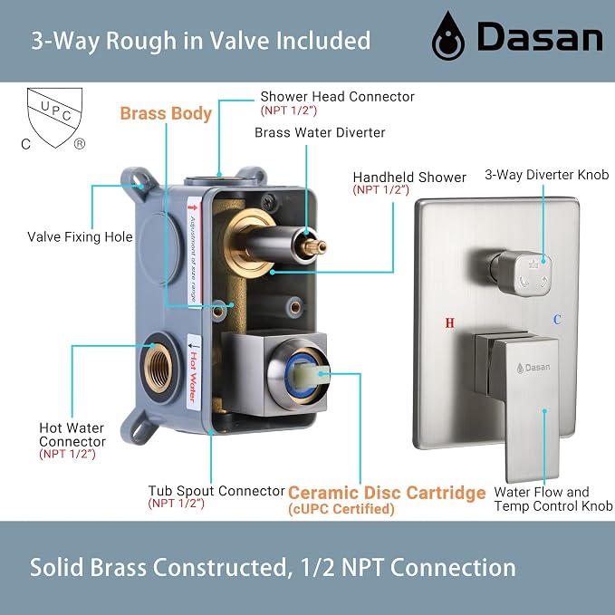 DASAN Tub Shower Faucets Sets Complete Brushed Nickel Bathtub Shower System - Image 6