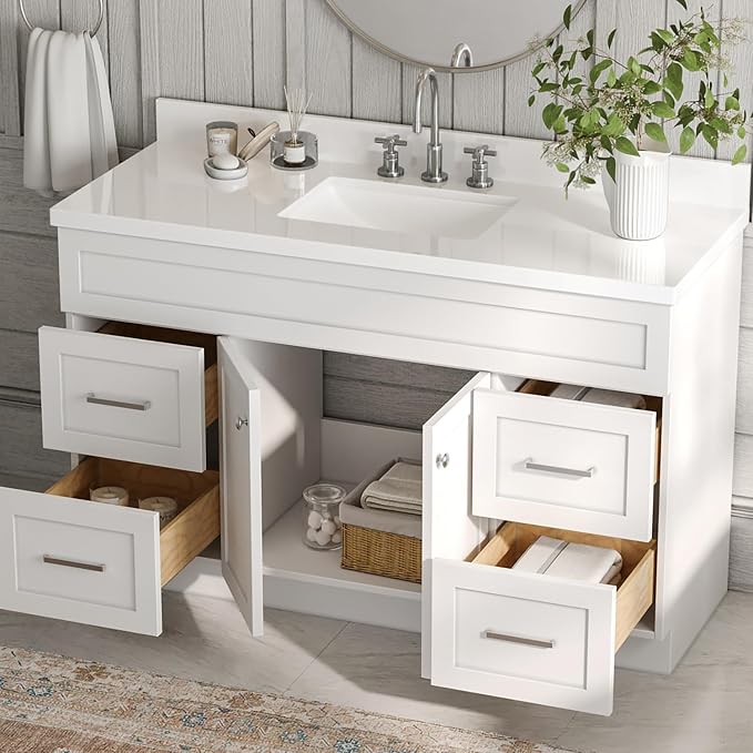 ARIEL 55" White Bathroom Vanity 1.5" Edge Pure White Quartz Countertop & Splash - Image 4