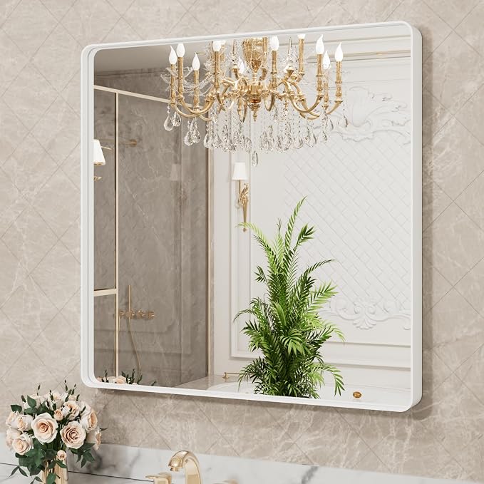 LOAAO 36x36 Inch White Metal Framed Bathroom Mirror - Image 3