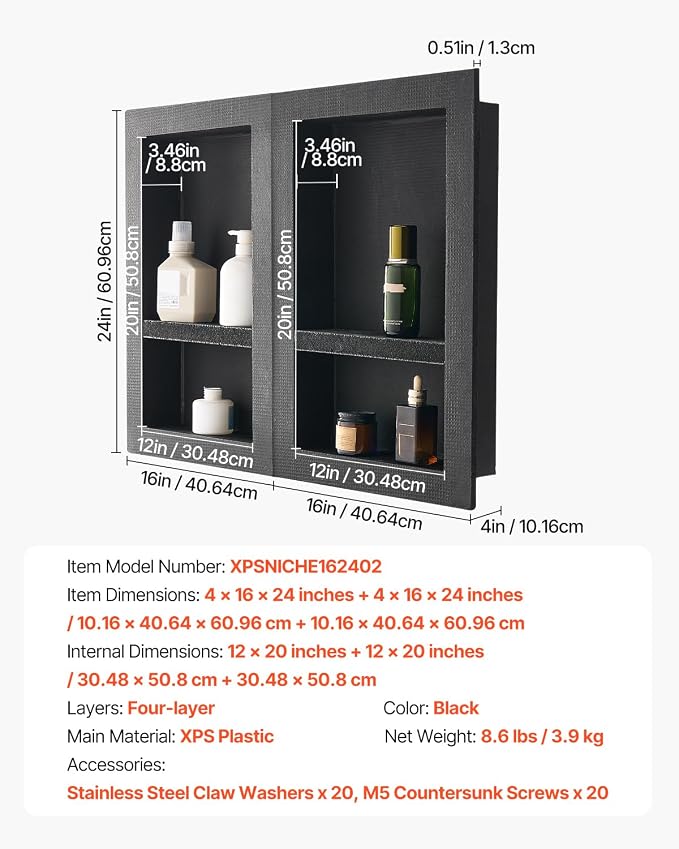 VEVOR Shower Niche, 16 x 24 inch + 16 x 24 inch Recessed Wall Niche - Image 3