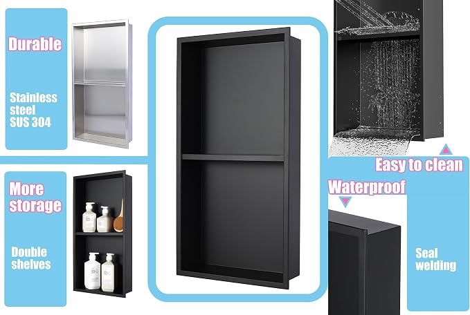 No Tile Needed Shower Niche for Bathroom Storage, Recessed Wall Niche, Double - Image 7