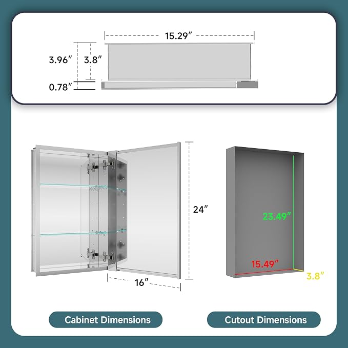 16"x24" Medicine Cabinet Mirror, Aluminum Silver Recessed Medicine Cabinet - Image 2