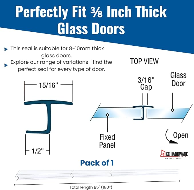 CBW Frameless Shower Door Side Seal Strip H-Type 180 Degree 85'' Length - Image 3