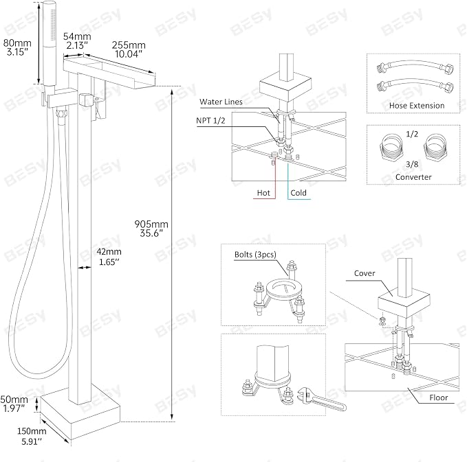 BESy Tub Filler Freestanding Bathtub Faucet Free Standing Tub Faucet Matte - Image 9