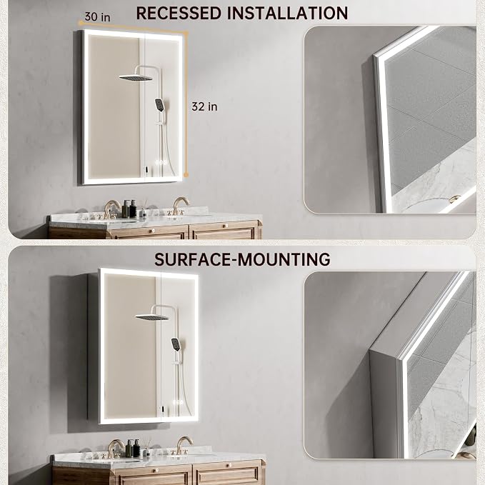 30"x32" Medicine Cabinet Mirror, LED Lighted Medicine Cabinet - Image 6