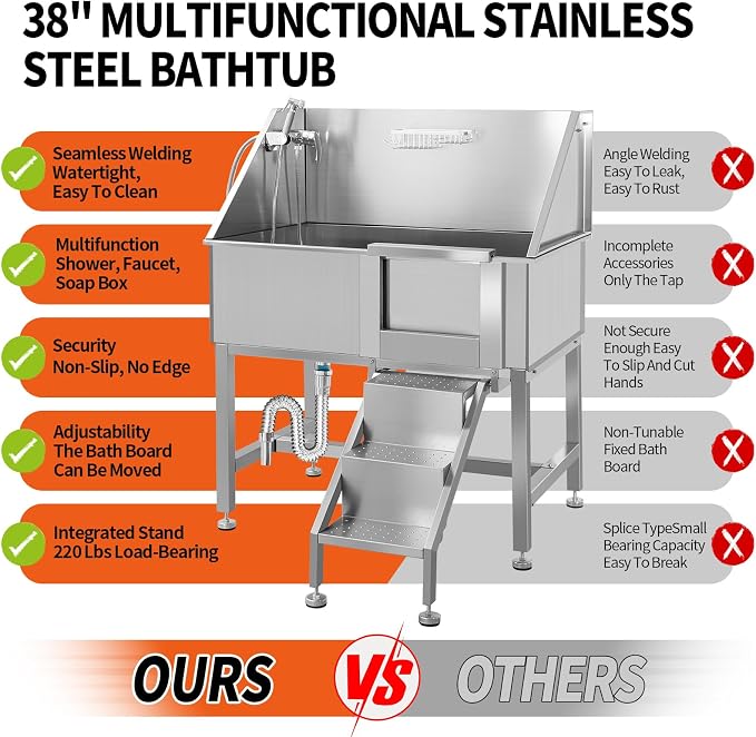 38 Inch Dog Grooming Bathtub Station, Professional Stainless Steel Wash Shower - Image 4