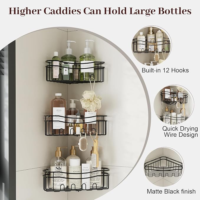 Black corner shower caddy with depth caddy and Built in 12 hooks rustproof wall - Image 2