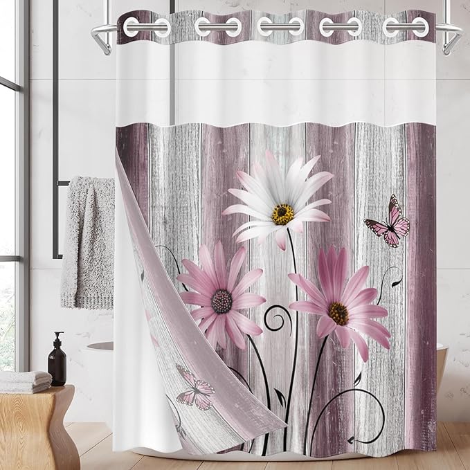 No Hook Flower Daisy Shower Curtain by Nesphy