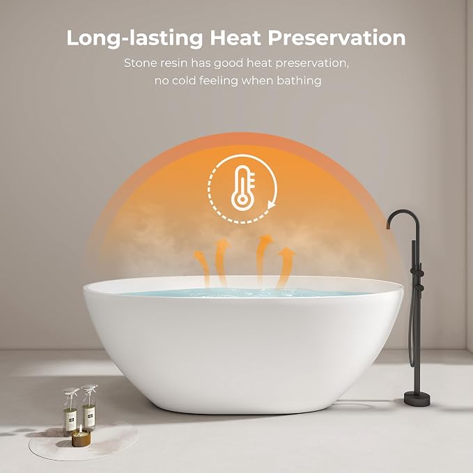 Upgraded 61" Solid Surface Freestanding Bathtub, Oval Stone Resin Tub - Image 9