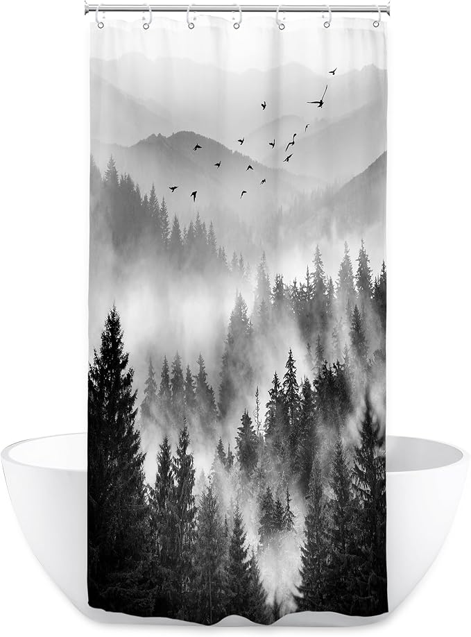 Riyidecor Black and White Shower Curtain 36Wx72H Inch Mountain Rustic Pine Tree - Image 7