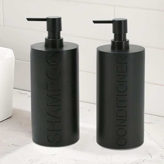 2-Pack Matte Black Resin Refillable Shampoo & Conditioner Bottles – Modern - Image 3