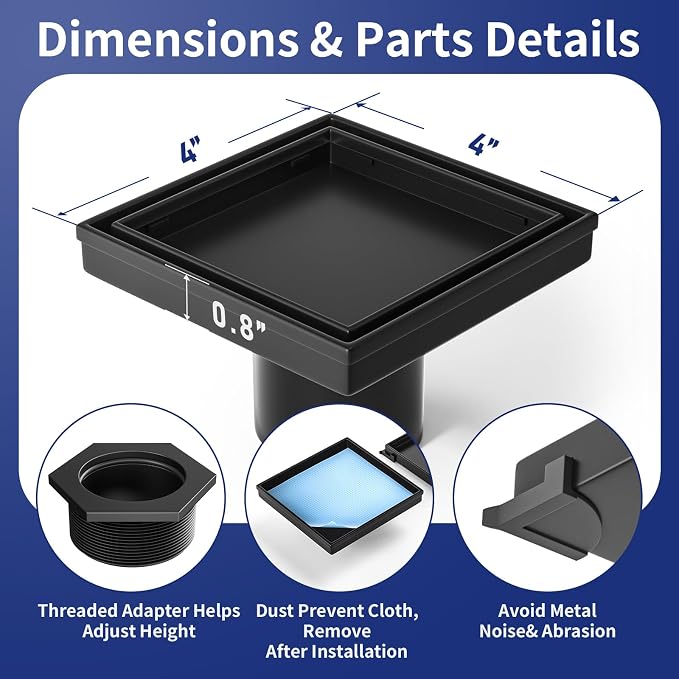 Square Shower Drain 4", Matte Black Floor Drain - Image 3