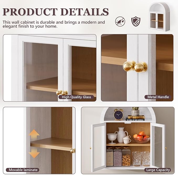 Arched Wall Cabinet, Glass Display Wall Mounted Cabinet - Image 3