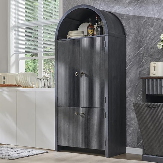 71" Tall Arched Kitchen Pantry, Modern Fluted Wood Storage Cabinet by IFGETEnrichYourLivingSpace