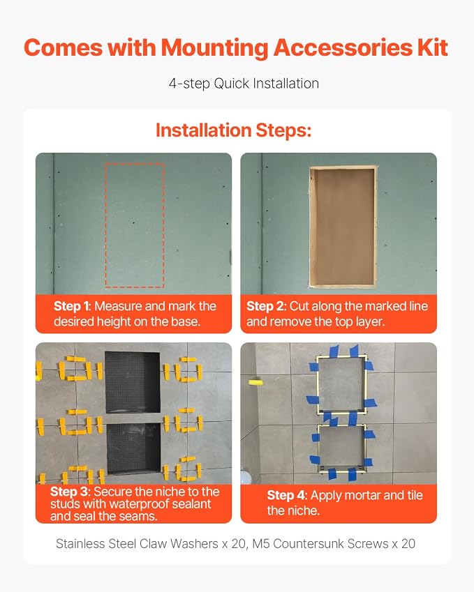 VEVOR Shower Niche, 16 x 24 inch + 16 x 24 inch Recessed Wall Niche - Image 7