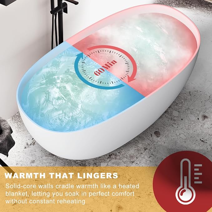 Stone Resin Freestanding Bathtubs, Soklawah 63" Solid Surface Luxury Soaking Tub - Image 5