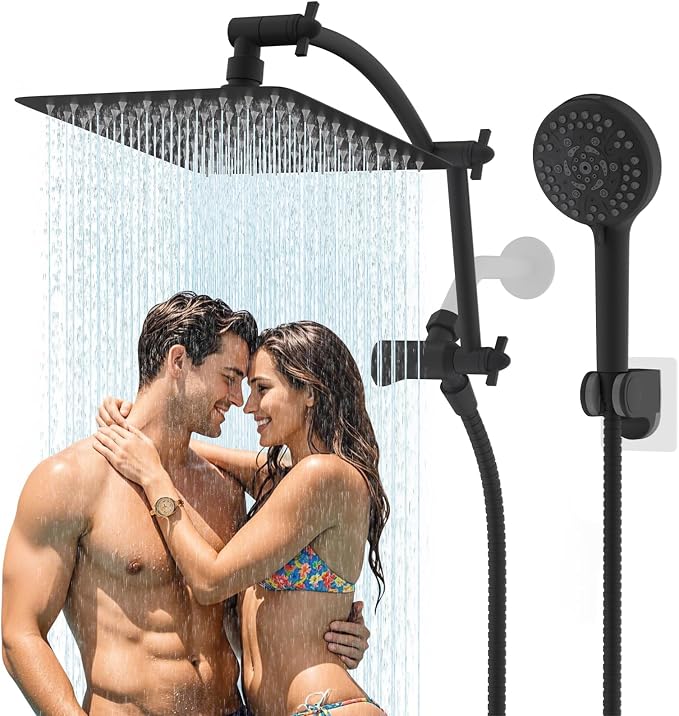 Hibbent All Metal Shower Head, 10 Sprays, Adhesive Showerhead Holder, Matte by Hibbent