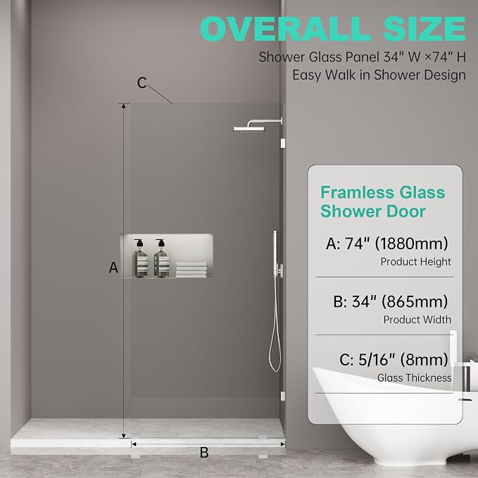 Frameless Fixed Shower Screen 34" W × 74" H, Shower Glass Panel, 5/16" SGCC - Image 6