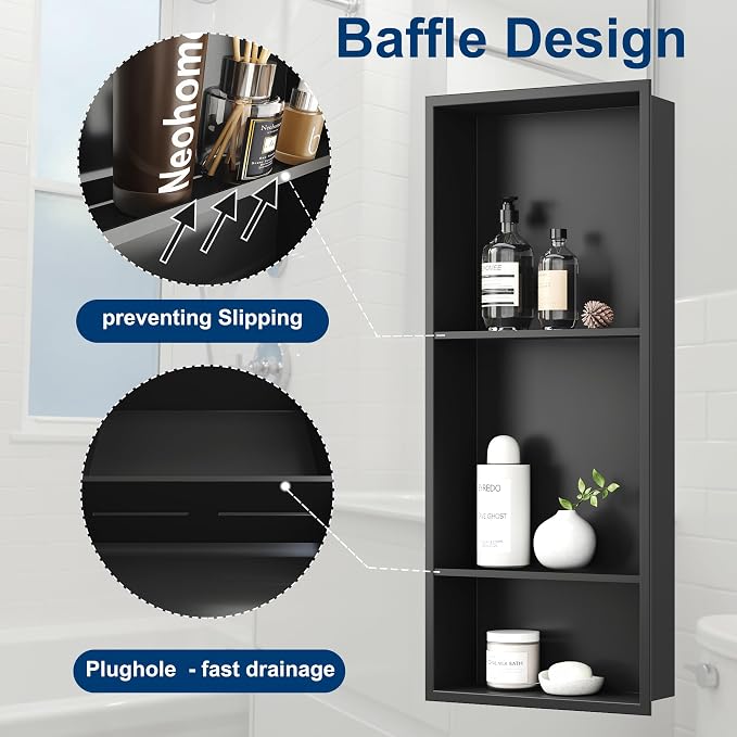 Neodrain 12X30 Inch Matte Black 3-Tier Stainless Steel Shower Niche, NO Tile - Image 5