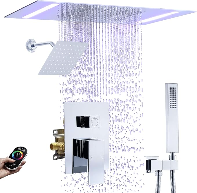 Rain Shower Head System with 14x20 Inch Ceiling Mount LED Head & 6 Inch Wall by NPYSVSSS