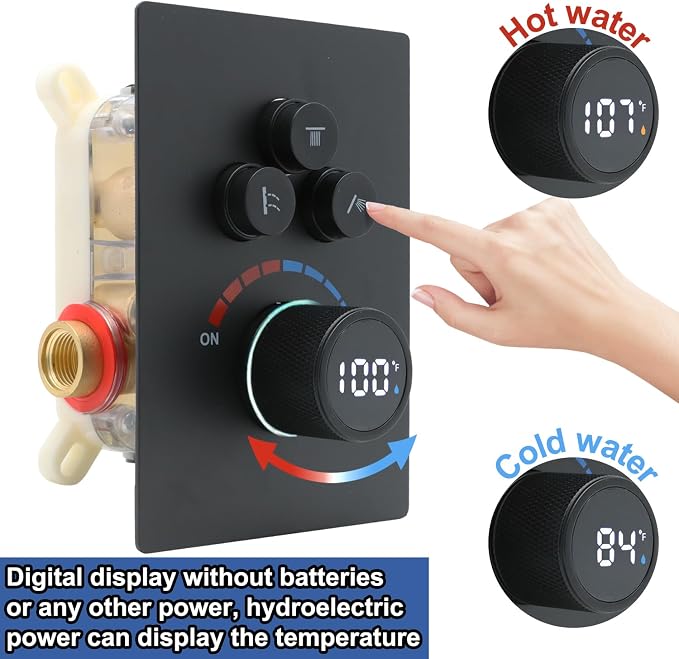 Solid Brass Shower Mixer Valve, Concealed 3 Way Outlet LED Digital Display - Image 3