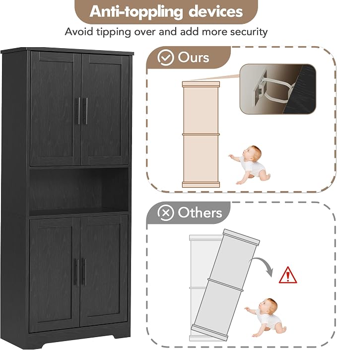 IDEALHOUSE Black Pantry Cabinet, Freestanding Cupboard, Tall Storage Cabinet - Image 8
