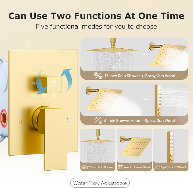 Dual Shower System Brushed Gold, Five Functions Knob Diverter Rainfall Shower - Image 4
