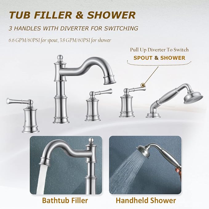 Roman Tub Faucet Set With Handheld Shower 5 Hole Deck Mount Tub Filler With - Image 3