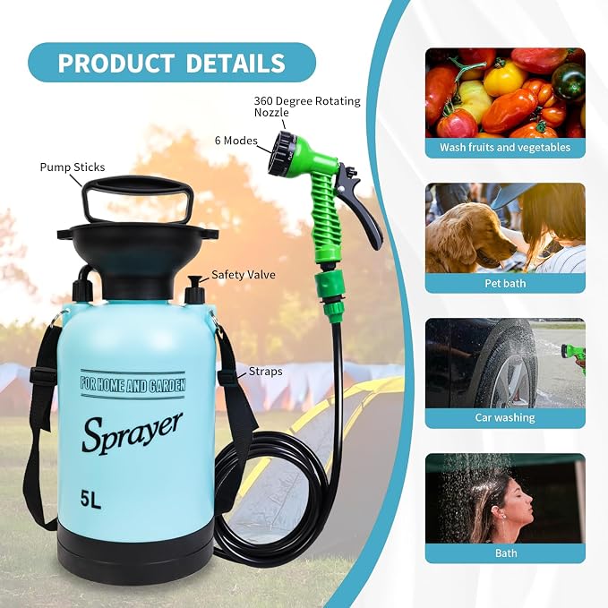 Portable Shower Blue 5L with 7 Spray Modes, Hand Press with Removable Hose and - Image 4