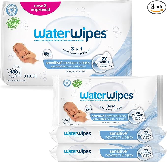 WaterWipes Sensitive+ Newborn & Baby Wipes, 3-In-1 Cleans, 99.9% Water by WaterWipes