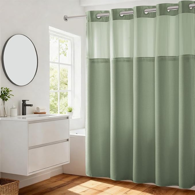 River Dream Green Heavyweight No Hooks Required Shower Curtain by RiverDream