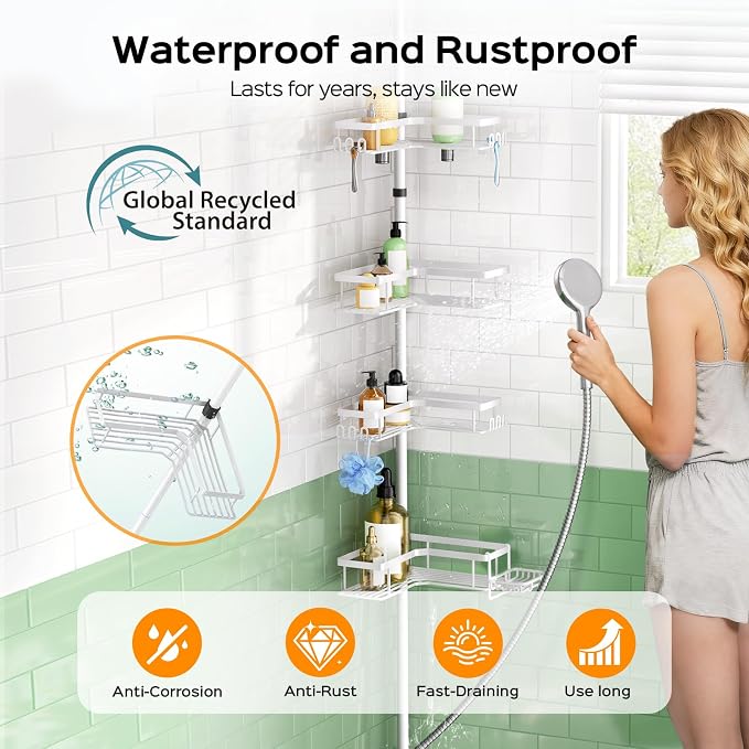 HAMITOR Corner Shower Caddy White: 4-Tier Rustproof Bathroom Bathtub Organizer - Image 2