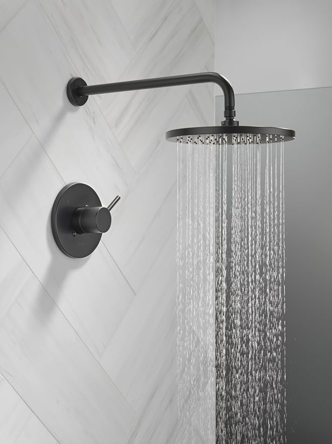Delta Modern 14 Series Round Rain Shower Faucet Set, Matte Black Shower Head - Image 2