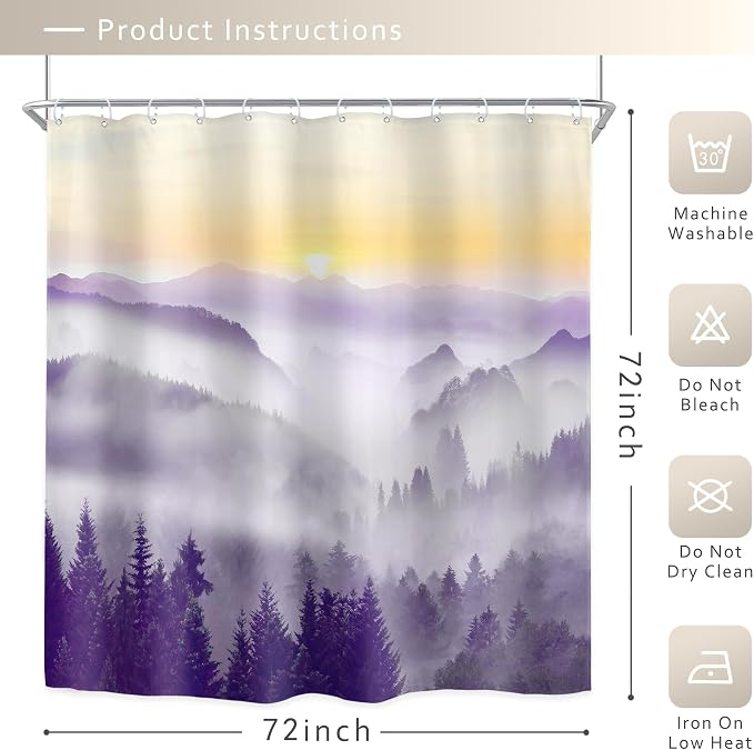 Riyidecor Misty Mountain Shower Curtain 72Wx72H Inch Purple Sunrise Nature - Image 5