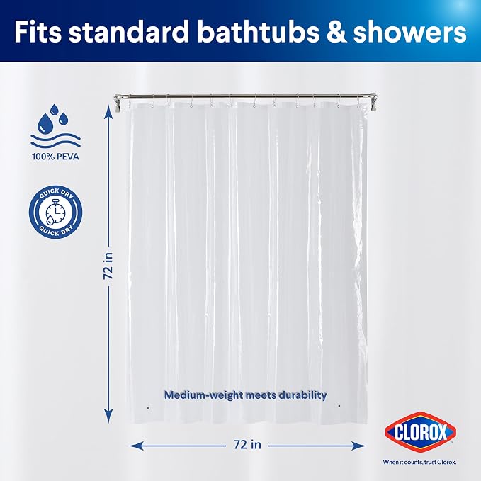 CLOROX Shower Curtain Liner, Premium Medium-Weight Durable Waterproof 6g PEVA - Image 2
